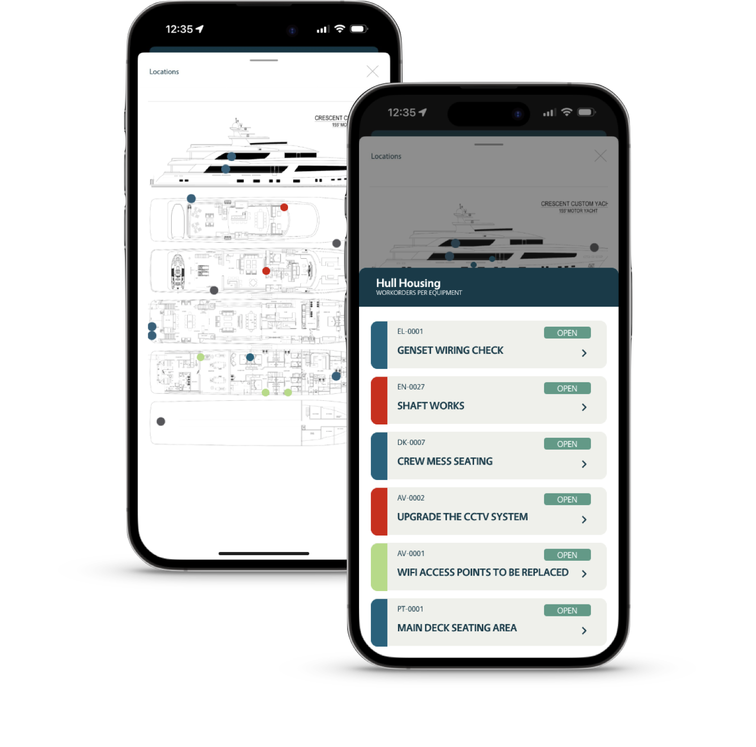 Yacht work orders per piece of equipment from the Yacht Work List software on a smart phone