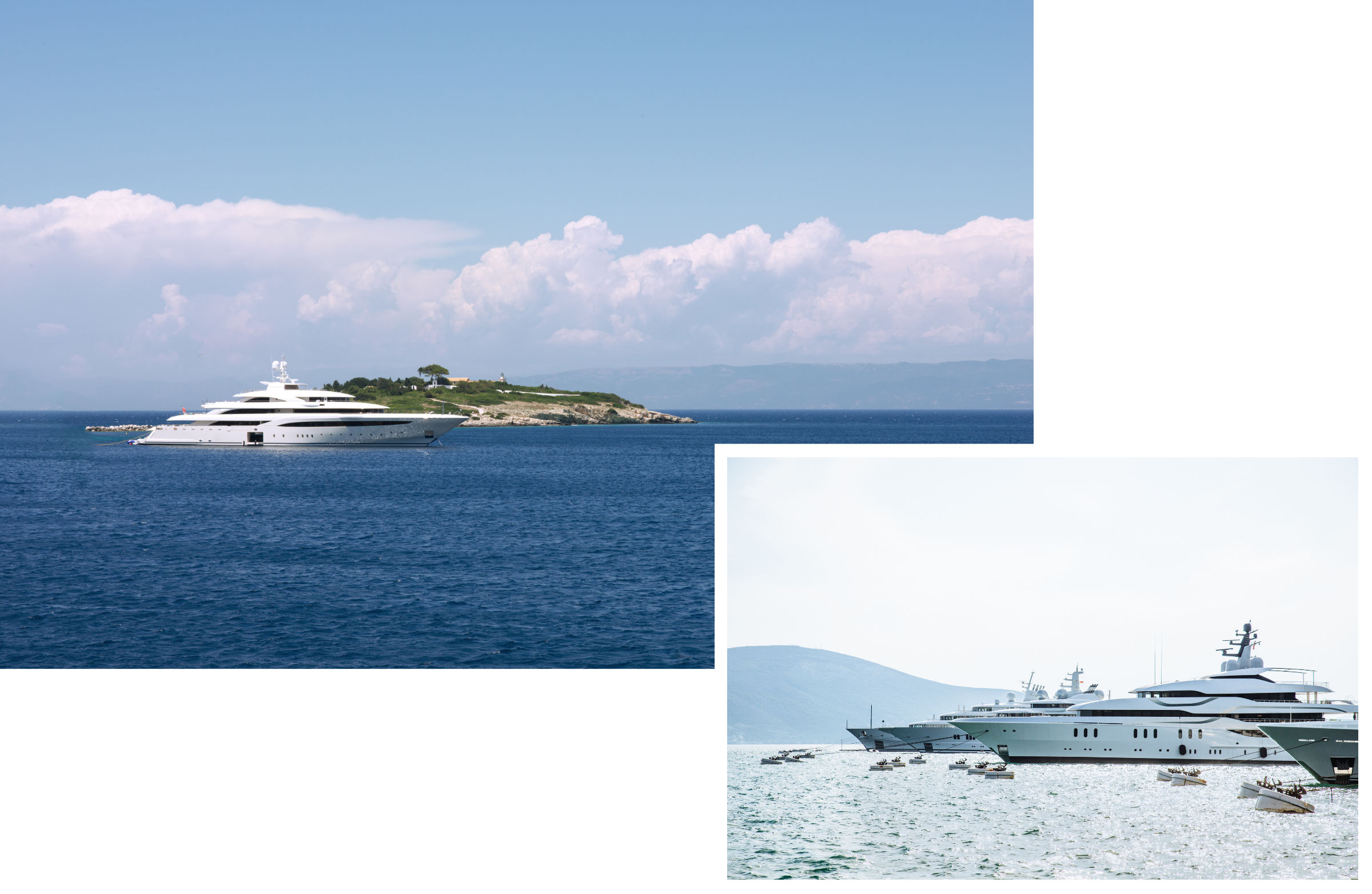 A luxurious yacht in front of an island in the sea, a few luxurious yachts surrounded by smaller boats